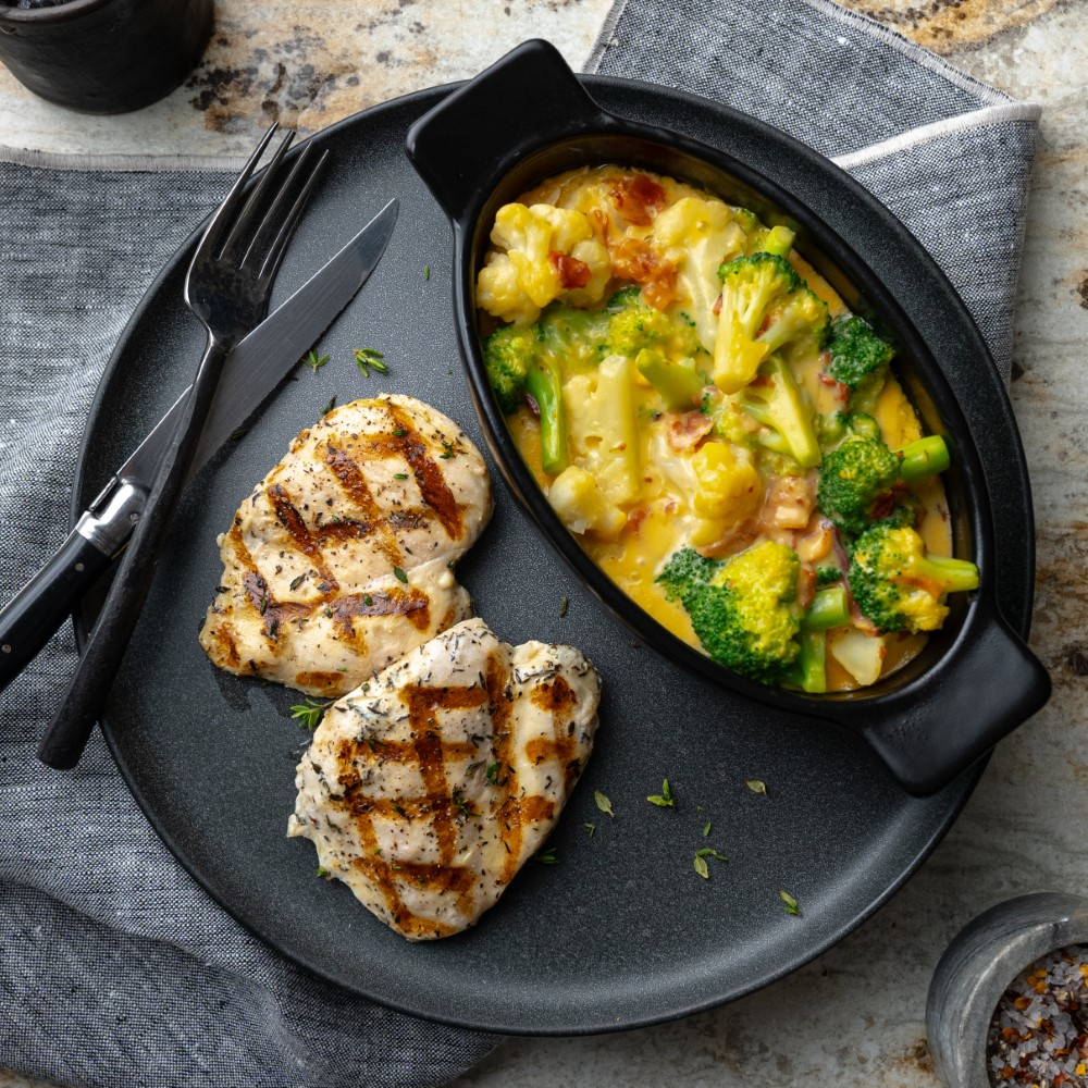 Grilled Chicken Over Cheesy Bacon Broccoli Casserole