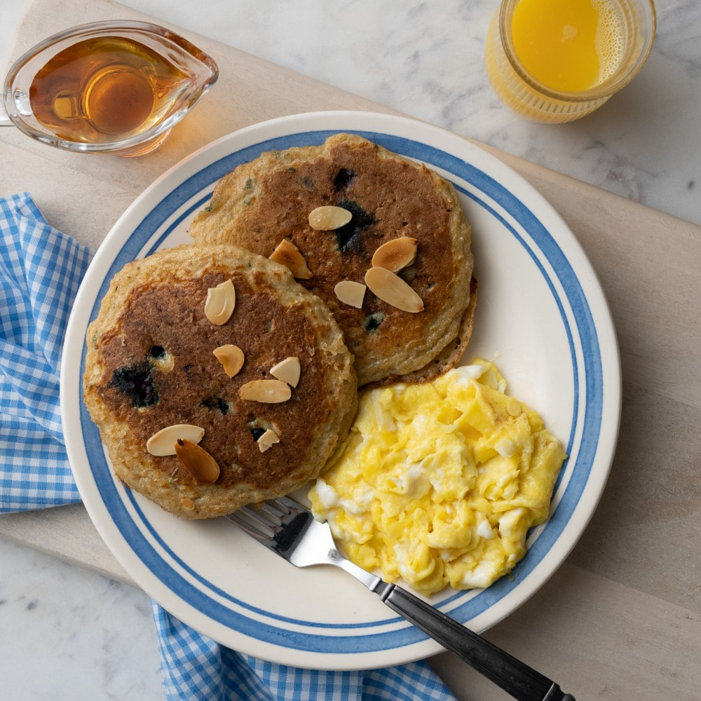 Blueberry Protein Pancakes with Egg Scramble